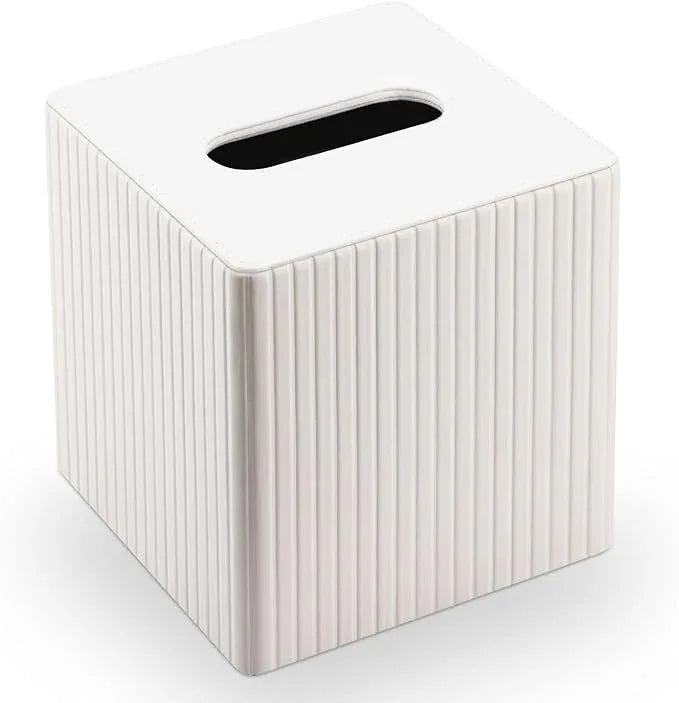 KINGFOM Square Pu Leather Tissue Box Cover, Modern Facial Tissue Holder, Roll Tissues Paper Case Dispenser for Bathroom Vanity Countertop, Night Stands, Office Desk (Off-White Strips) - ModernBath
