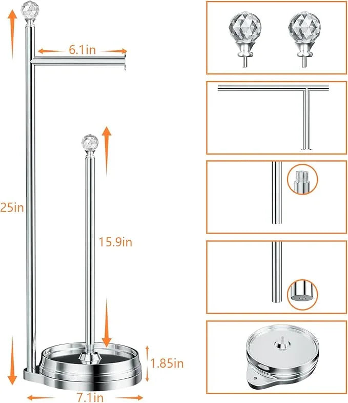 Toilet Paper Holder for Bathroom, Heavy Weighted Metal Free Standing Toilet Paper Holder Stand with Crystal Ball, Toilet Paper Roll Stand for Bathroom Accessories - ModernBath