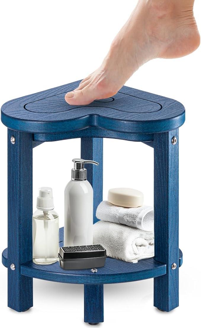 Corner Shower Stool for Inside Shower - Waterproof Corner Shower Bench, HDPE Plastic Bathroom Bench, Adjustable Height Corner Chair for Shaving Legs,Storage Shelf,Non-Slip Feet,Blue - ModernBath