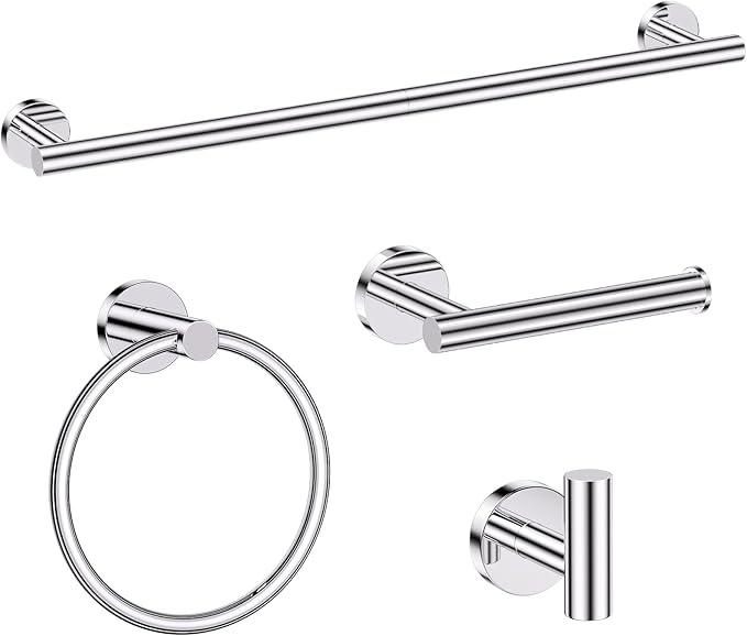 Chrome Bathroom Hardware Set, 4 Pieces Towel Bar Towel Holder Set Includes Towel Bar, Toilet Paper Holder,Towel Ring and Towel Hook Wall Mount Bathroom Accessories Towel Racks for Bathroom - ModernBath