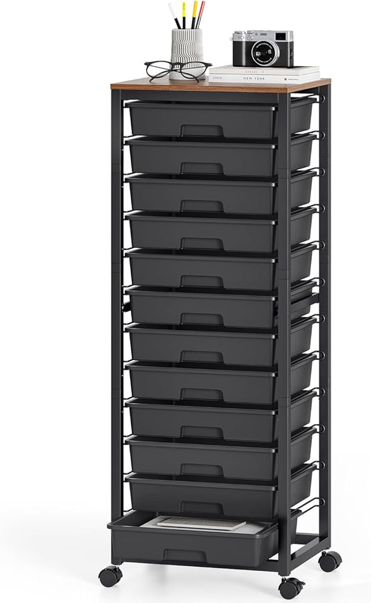 Rolling Cart with Drawers,12 Drawer Rolling Cart,Rolling storage cart with drawers,Black Rolling Drawer Cart,Teacher Rolling Cart for Classroom Storage,Craft Cart with Wooden Tabletop