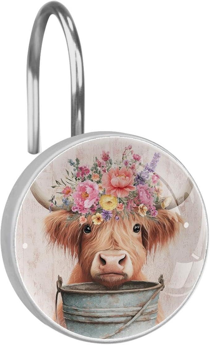 12 Packs Highland Cattle with Florals Decorative Shower Curtain Hooks, Stainless Steel Glass Shower Curtain Rings for Bathroom, Rustproof Metal Curtain Rod Hooks - ModernBath