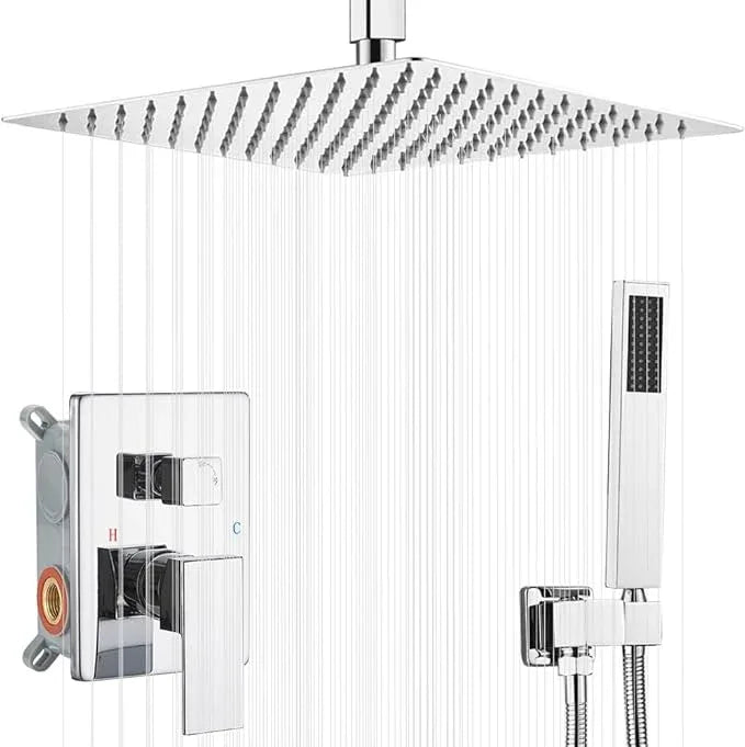 JingGang 16 Inch Ceiling Mount Polished Chrome Shower System Bathroom Luxury Rain Mixer Shower Combo Set Ceiling Rainfall Shower Head System (Contain Shower Faucet Rough-in Valve Body and Trim Kit) - ModernBath