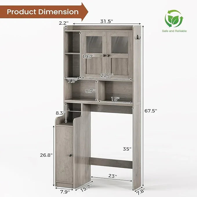 Itaar Over The Toilet Storage Cabinet, Over Toilet Bathroom Organizer with Glass Doors & Toilet Paper Holder Stand, Home Space-Saving Toilet Rack, for Bathroom, Restroom, Laundry, Grey - ModernBath