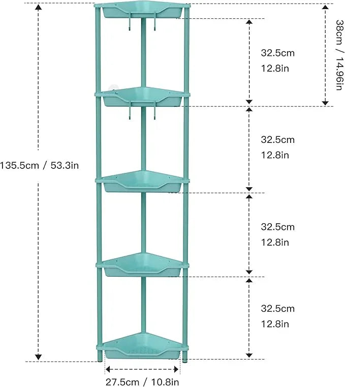 Orimade Rustproof 5 Tier Floor Standing Corner Shower Caddy Organizer, Plastic Metal Splicing Floor Corner Shelf Rack Stands for Bathroom, Blue - ModernBath