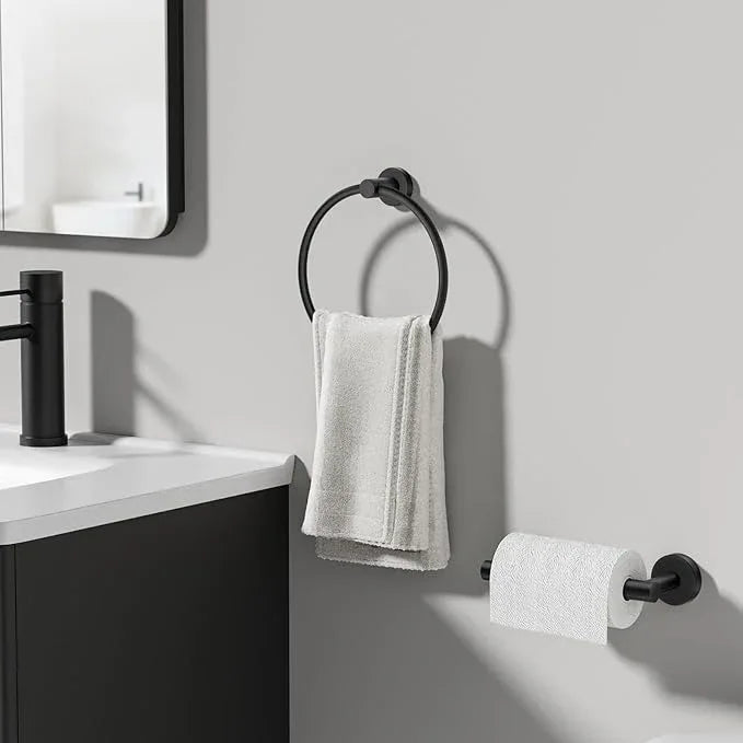 Toilet Paper Holder and Towel Ring Set 2PCS Wall Mount, Matte Black Bathroom Hardware Set, Stainless Steel Hand Towel Holder Toilet Paper Roll Holder Set, Bathroom Accessories for Bathroom Kitchen - ModernBath