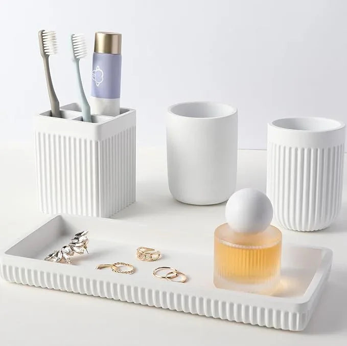 XLHOMO Resin Bathroom Toothbrush Holder Set, Matte White Bathroom Accessories Set 4 Pcs, Bathroom Tumbler Cup Tooth Brushing Cup Set with Tray, for Sink Countertop Modern Home Decor - ModernBath
