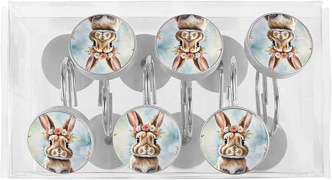 Easter 12pcs Rabbit Shower Curtain Hooks,Decorative Shower Curtain Hanger Rings Roller,Stainless Steel Round Shower Rings Hangers for Bathroom - ModernBath