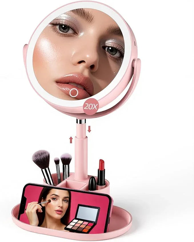Shinowa Makeup Mirror with Lights, 1X/20X Lighted Magnifying Mirror with Storage for Makeup & Jewelry, 2-Sided Height Adjustable Vanity Mirror with 3 Color Lights, 360° Rotation & Rechargeable, Pink - ModernBath