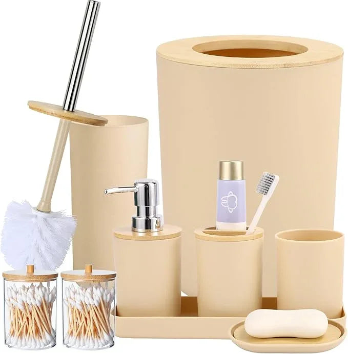 SLDIYWOW Bathroom Accessories, Beige Bathroom Accessories Sets Complete with Trash Can,Tray,Soap Dispenser,Toothbrush Holder,Toothbrush Cup,Soap Dish,Toilet Brush and Q-tip Holders for Bathroom - ModernBath