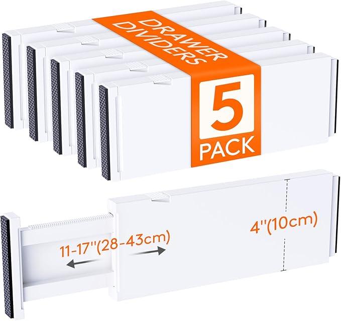 Lifewit 5 Pack Drawer Dividers 4" High, 11-17" Adjustable Dresser Drawer Organizers for Clothes, Expandable Drawer Separators in Kitchen/Bedroom/Bathroom/Vanity/Office Organization and Storage, White - ModernBath