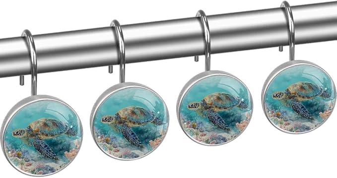 Sea Turtle Shower Curtain Hooks, 12Pcs Decorative Rust Resistant Shower Rings for Shower Curtain Rods, Stainless Steel Round Curtain Hooks for Bathroom, Bedroom, Farmhouse - ModernBath