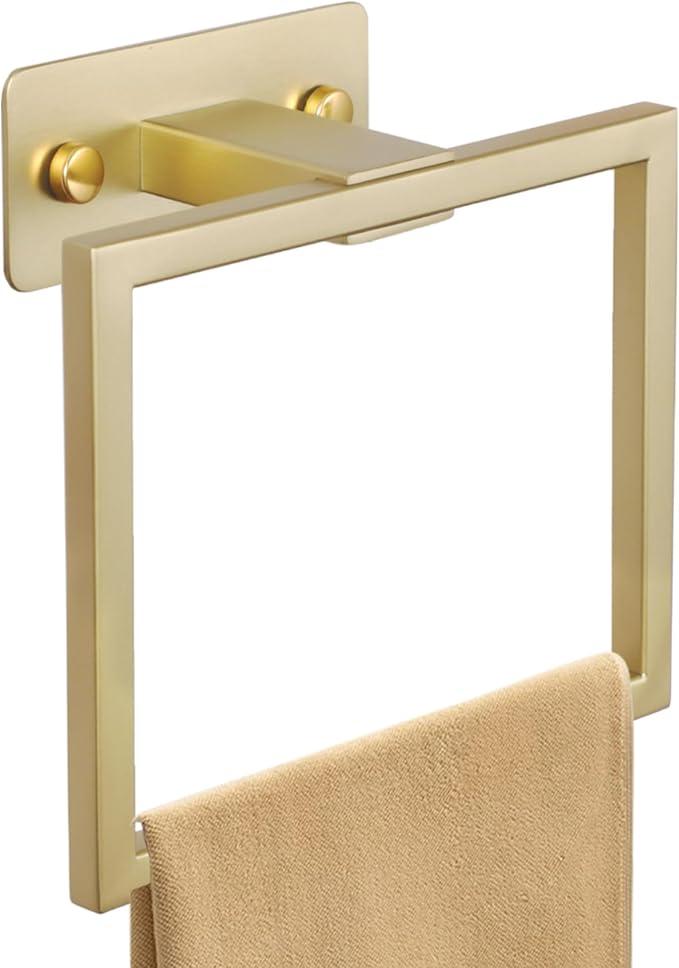 LANC Hand Towel Rings for Bathroom Wall Mount Brushed Gold Square Self Adhesive Hand Towel Holder for Bath Kitchen Lavatory Stainless Steel Contemporary Shower Towel Racks Towel Hanger, A8396BG - ModernBath