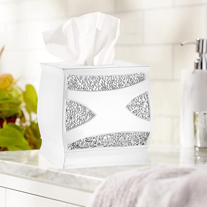 Zahari Home 2pc Sinatra White Modern Bath Accessories Set Waste Basket & Tissue Box Modern Decorative Beautiful Designs Bathroom Decor Set for Home Luxury Bath Set Mosaic Glass - ModernBath