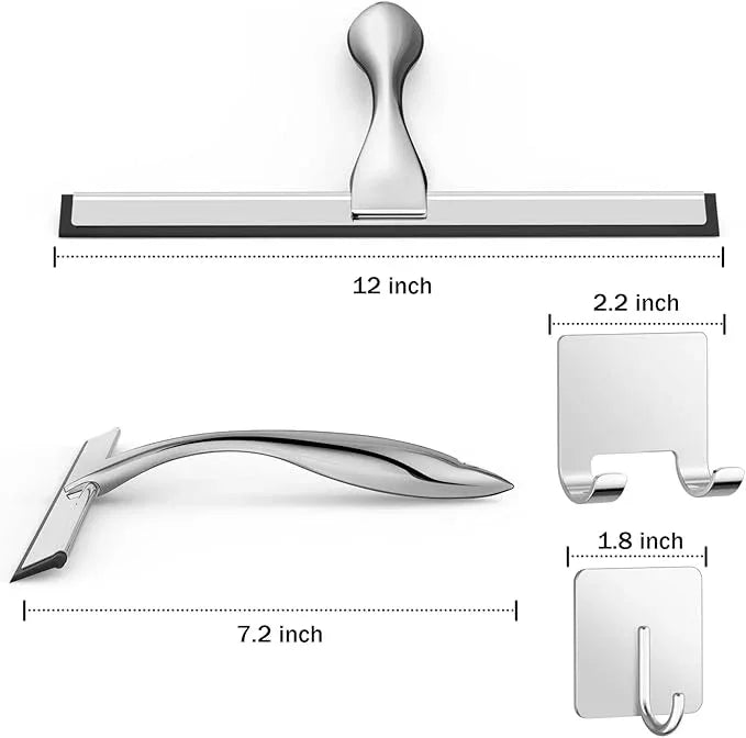 All-Purpose Stainless Steel Shower Squeegee for Shower Doors with 2 Adhesive Hooks, Bathroom Cleaner Tool Household Window Mirror Squeegee for Home Cleaning, Glass Door, Tile Wall, Car, 12 Inch Silver - ModernBath