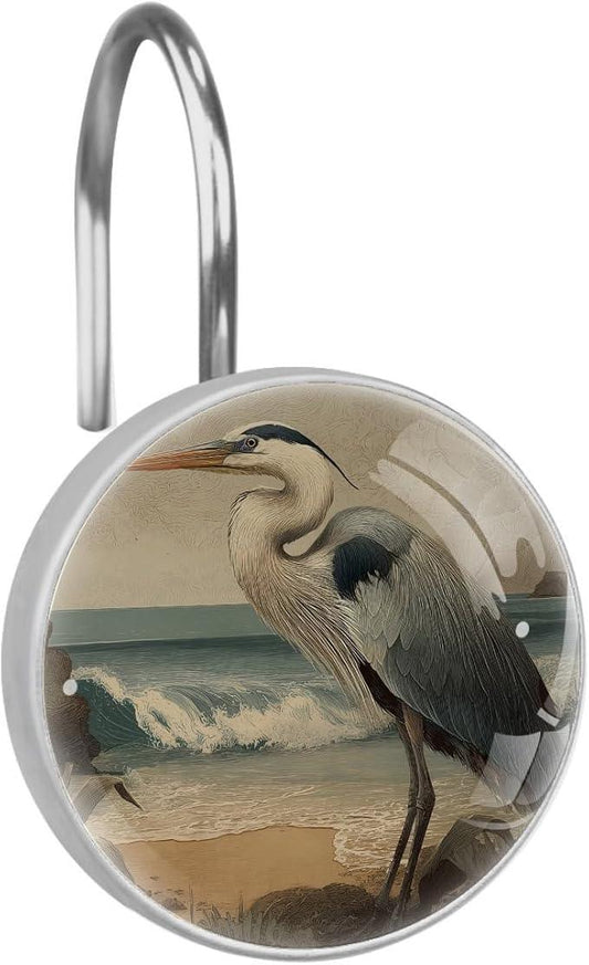 Beach Heron Shower Curtain Hooks, 12Pcs Decorative Rust Resistant Shower Rings for Shower Curtain Rods, Stainless Steel Round Curtain Hooks for Bathroom, Bedroom, Farmhouse - ModernBath