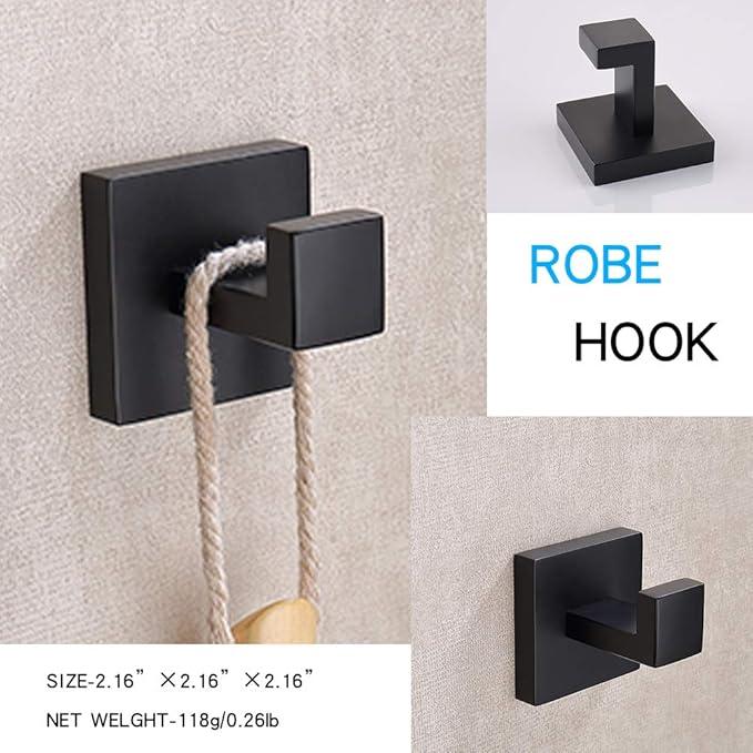 TASTOS 5-Pieces Matte Black Bathroom Hardware Set, Premium Stainless Steel Square Wall Mounted-Includes 23.6 Inch Towel Bar, Toilet Paper TP Holder, 9 Inch Towel Holder, 2 Robe Towel Hooks - ModernBath