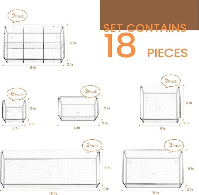 Criusia Drawer Organizer - 18 Pack Clear Large Kitchen Drawer Organization Trays, Non-Slip Dividers for Makeup, Jewelry, Utensils, Office, Bedroom, Bathroom - ModernBath