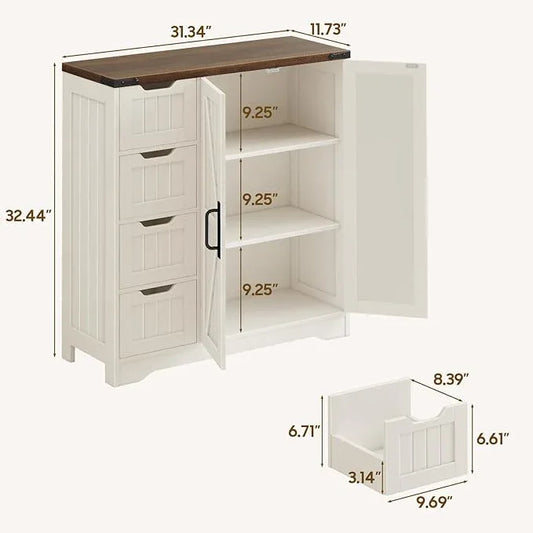 Vabches Farmhouse Bathroom Cabinet, Freestanding Storage Cabinet with 4 Drawers and 2 Doors, Rustic Storage Organizer with Adjustable Shelf for Bathroom, Living Room, Entryway, White - ModernBath