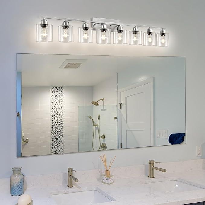 FAISHILAN Modern Brushed Nickel 8 Light Bathroom Light Fixtures,52 inch Vanity Lights for Bathroom with Clear Glass for Mirror Kitchen Living Room Hallway Cabinet Porch - ModernBath