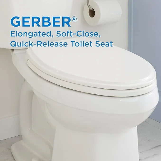 Gerber Soft-Close Elongated Toilet Seat with Two Button Quick-Release, Top-Mount Installation, Non-Slip Bumpers, and Cover, Heavy-Duty Plastic, White, GC550130 - ModernBath