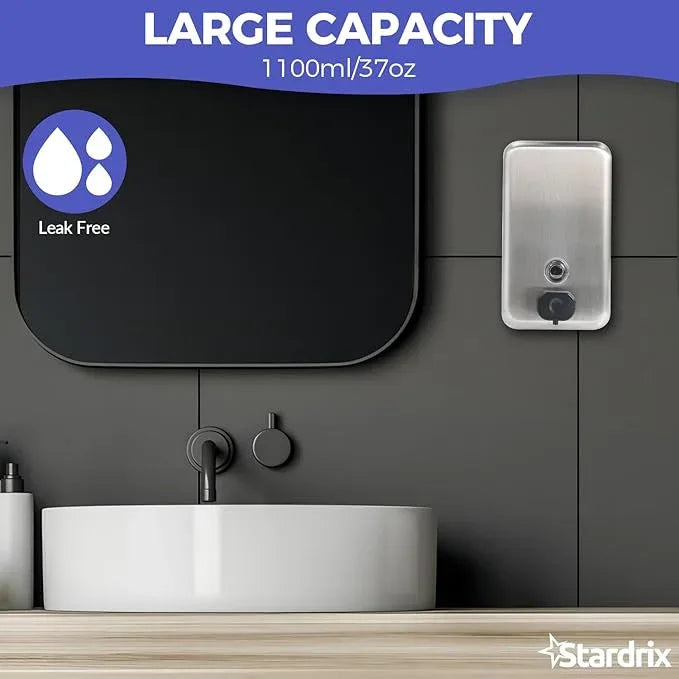 Stardrix Heavy Duty Stainless Steel Wall Mount Soap Dispenser, 1100ml/37oz, with Corrosion Proof Lining and Anti-Leak Pump for Commercial & Home Bathroom Kitchen(Vertical) - ModernBath