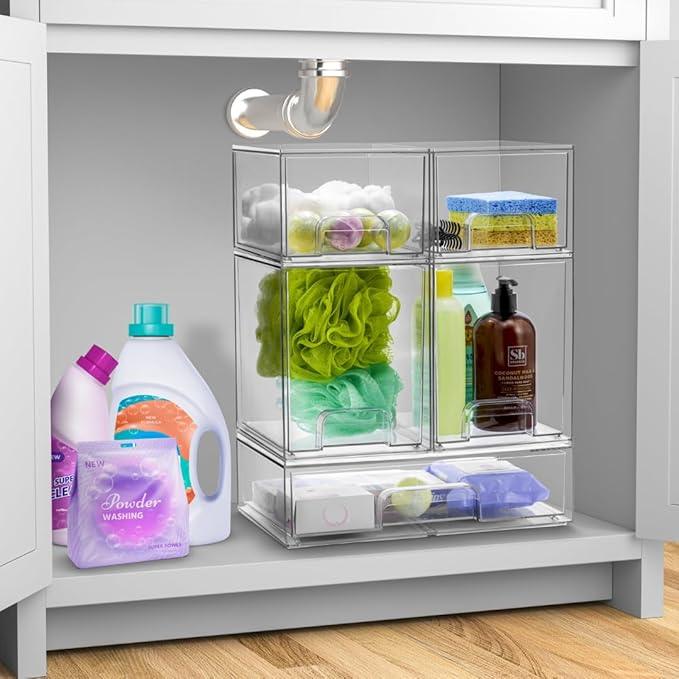 Sorbus Acrylic Storage Containers - 2 Pack, Stackable Storage Bins Set for Bathroom Organization - Clear Acrylic Drawer Organizers - Makeup Case Pull-Out Drawers (7.6’’ Tall) - ModernBath