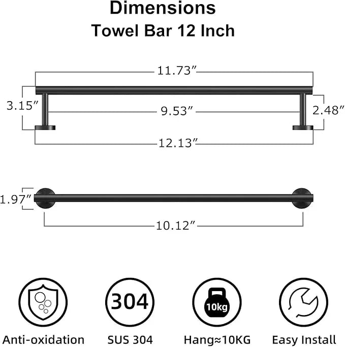 Bathroom Towel Bar, 12 Inch Towel Racks for Bathroom Wall Mounted, Heavy Duty Bathroom Towel Holder Organizer, Stainless Steel Home Towel Rod, Matte Black - ModernBath