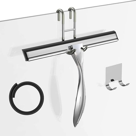 Shower Squeegee Set, 10-Inch Stainless Steel Squeegee for Bathroom, Shower Doors, Mirrors, Tiles, and Car Windows - 100% Streak Free, Includes Shower Door Hook, Adhesive Hook and Spare Silicone Blade