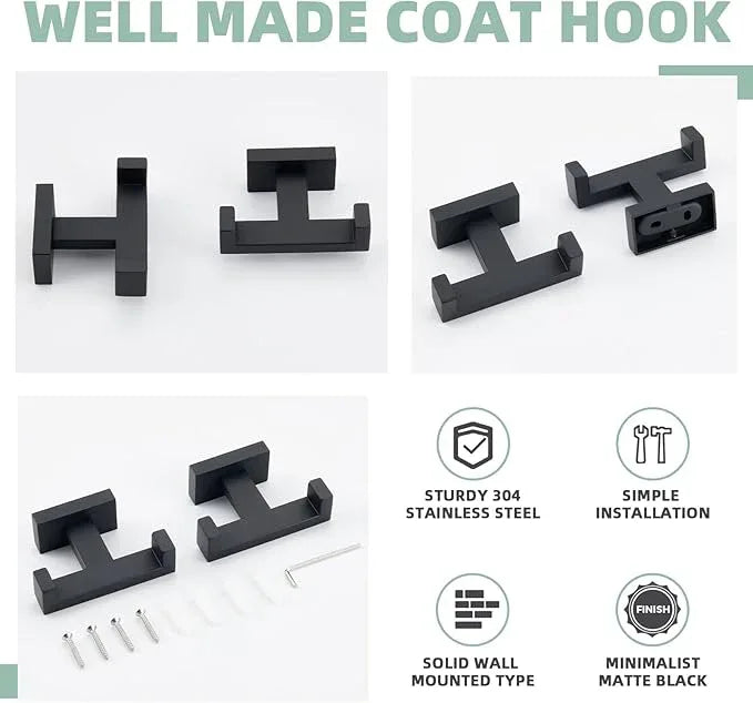 APLusee Double Bath Towel Hook 2 Pack, 304 Stainless Steel Square Dual Coat Holder, Modern Bathroom Kitchen Storage Hanger Wall Mounted, Matte Black - ModernBath