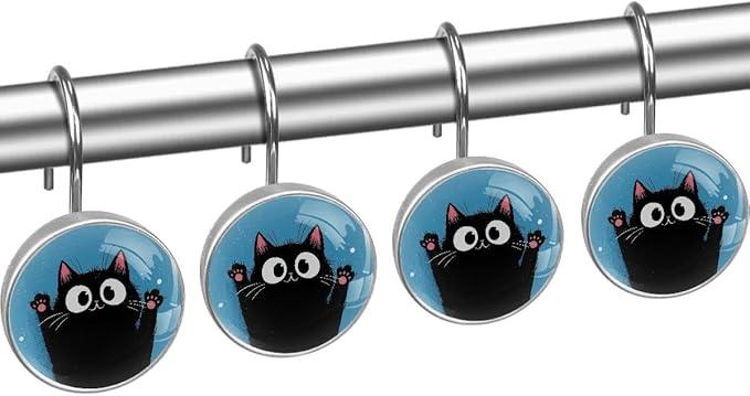 12 Packs Black Happy Cat Shower Curtain Hooks, Stainless Steel Glass Shower Curtain Rings for Bathroom, Rustproof Metal Curtain Rod Hooks - ModernBath