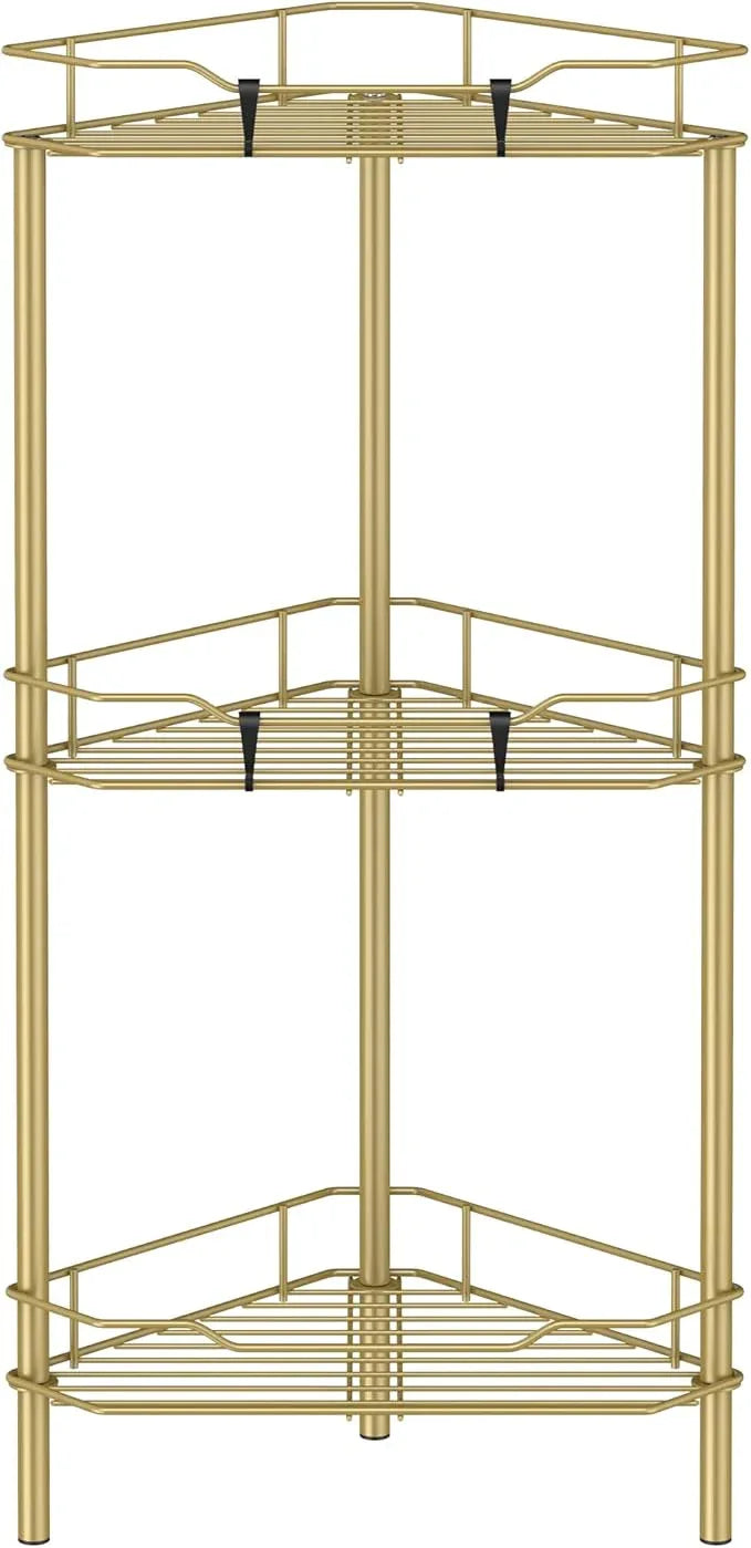 3 Tier Floor Standing Corner Shower Caddy Organizer Shelf with Hooks, Bathroom Shelves Stand Rack, Gold - ModernBath
