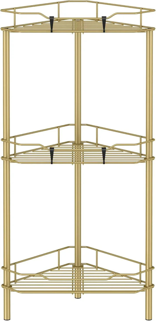 3 Tier Floor Standing Corner Shower Caddy Organizer Shelf with Hooks, Bathroom Shelves Stand Rack, Gold - ModernBath