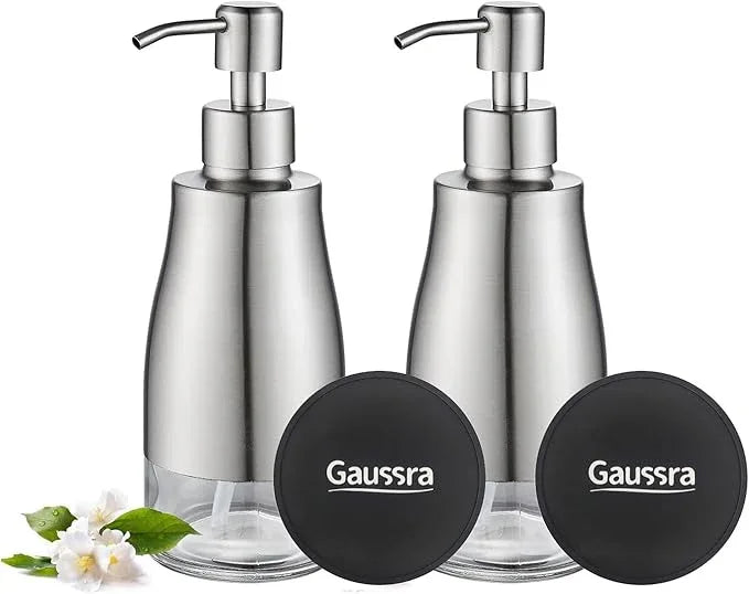 Gaussra 2 Pack Soap Dispenser with Coaster and Stickers, Stainless Steel Case Glass Liner Hand Pump Dispenser, Refillable Liquid Hand Soap Dispenser for Bathroom & Kitchen - Brushed Nickel - ModernBath