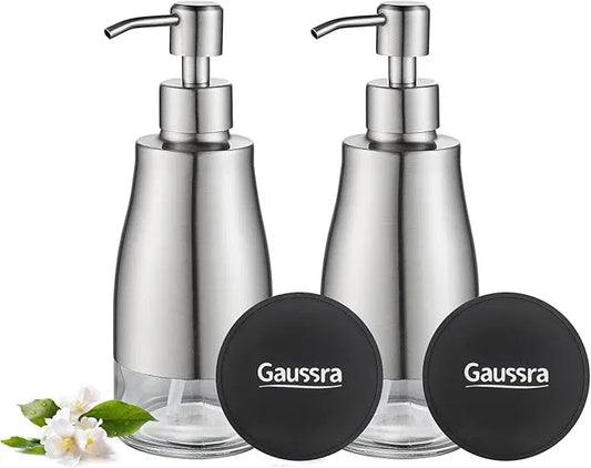 Gaussra 2 Pack Soap Dispenser with Coaster and Stickers, Stainless Steel Case Glass Liner Hand Pump Dispenser, Refillable Liquid Hand Soap Dispenser for Bathroom & Kitchen - Brushed Nickel - ModernBath