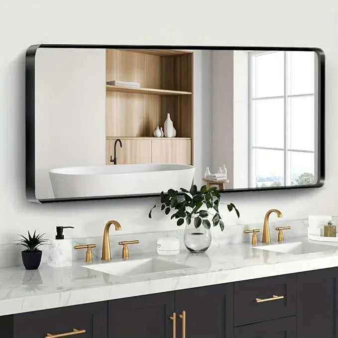 JISOSO Black Bathroom Mirror 77X36 Inch, Black Metal Framed Mirror for Wall, Rounded Rectangle Matte Bathroom Vanity Mirror with Tempered Glass, Anti-Rust, Horizontal/Vertical - ModernBath