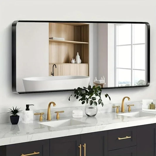 JISOSO Black Bathroom Mirror 77X36 Inch, Black Metal Framed Mirror for Wall, Rounded Rectangle Matte Bathroom Vanity Mirror with Tempered Glass, Anti-Rust, Horizontal/Vertical - ModernBath