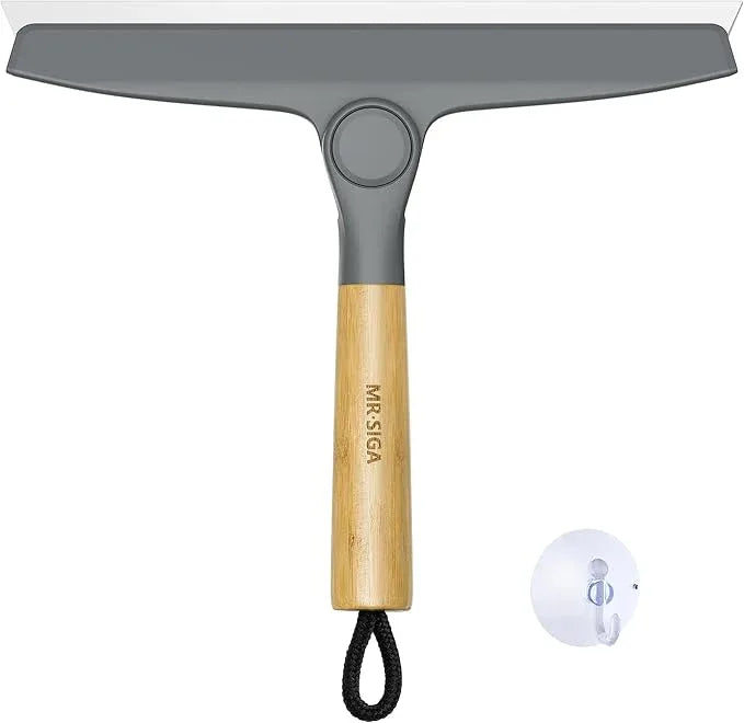 MR.SIGA All Purpose Silicone Squeegee for Shower Door, Mirror, Glass, Streak Free Shower Squeegee, Pivoting Bamboo Handle, Includes 1 Suction Hook, 10 inch Wide, Gray, 1 Pack - ModernBath