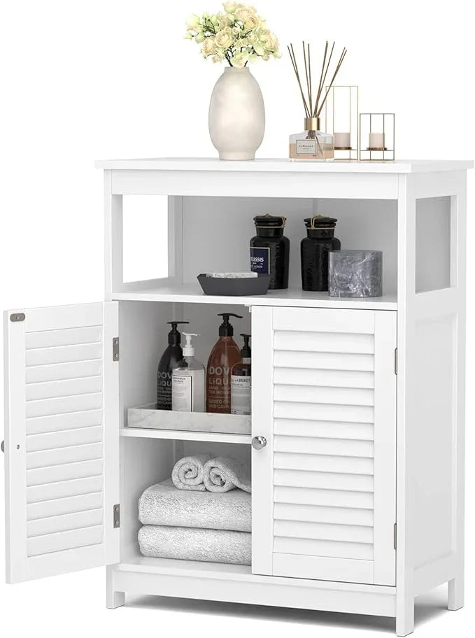 GLACER Bathroom Floor Cabinet, Wooden Storage Cabinet with Double Shutter Doors & 3-Position Adjustable Shelf, Side Storage Organizer, 23.5 x 12 x 31.5 inches (White) - ModernBath