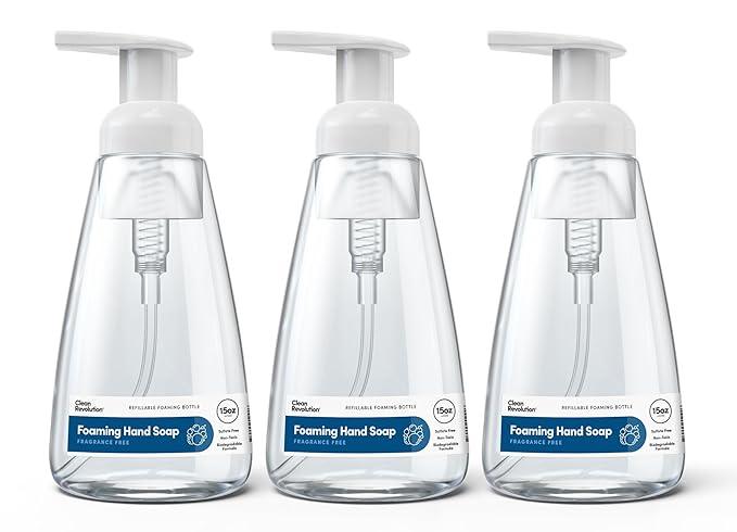 Clean Revolution Ready to Use Foaming Hand Soap| Three Pack | Jumbo 15oz Bottles | Gentle, Moisturizing & Eco-Friendly | Real Essential Oils | Fragrance Free | 45 Total Fl Oz, Clear - ModernBath