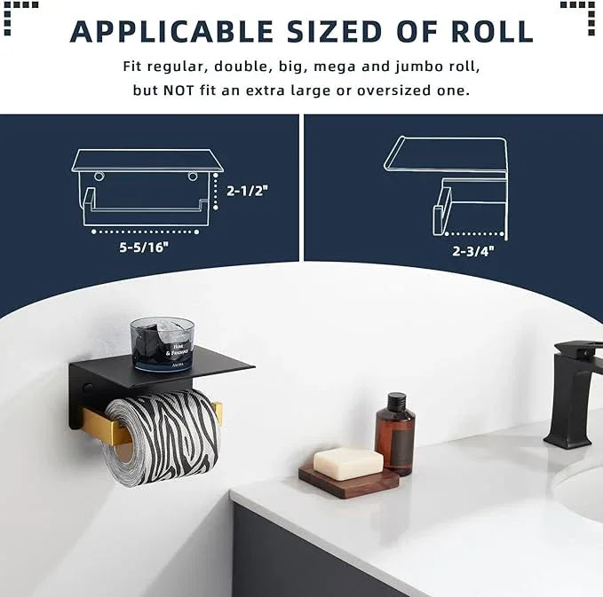 Angle Simple Toilet Paper Holder with Shelf, 304 Stainless Steel Bathroom Tissue Roll Holder for Wall Black and Gold - ModernBath