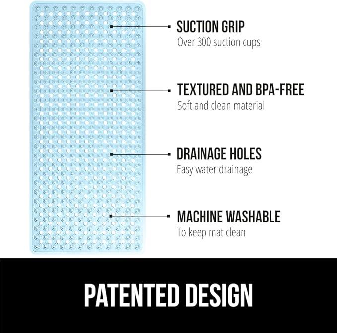 GORILLA GRIP Patented Bath Tub Shower Mat, Machine Washable Bathtub Floor Liner Mats, Suction Cups and Drain Holes to Keep Tubs Clean, Soft on Feet, Bathroom Essentials, 35x16 Inch, Clear Blue - ModernBath