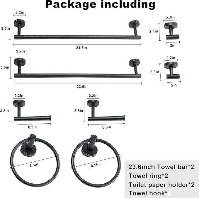 8 Pieces Bathroom Towel Rack Set, Includes 2PCS 23.6 inch Towel bar, 2PCS Towel Hook, 2 PCS Towel Ring, 2PCS Toilet Paper Holder-Matte Black Bathroom Accessories Sets - ModernBath