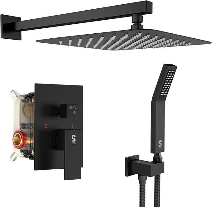 SR SUN RISE 12 Inches Matte Black Shower System 12 Inch Brass Bathroom Luxury Rain Mixer Shower Combo Set Wall Mounted Rainfall Shower Head System Shower Faucet Rough-in Valve Body and Trim Included - ModernBath