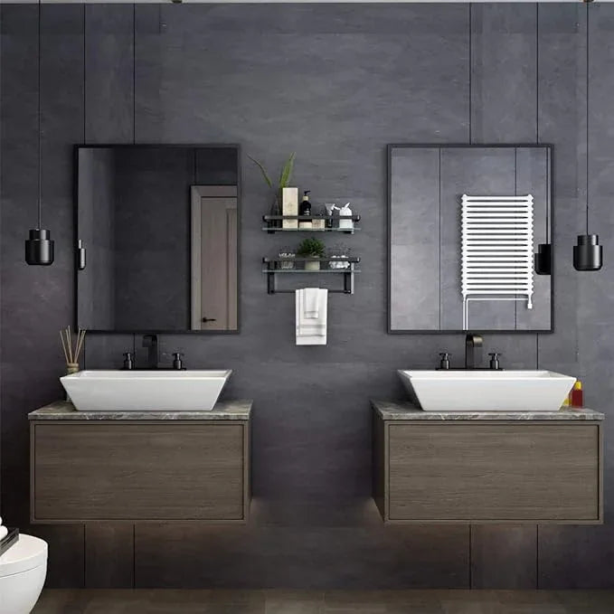 VOLPONE Glass Bathroom Shelf with Towel Bar 15.7in Bathroom Wall Shelves Rustproof Metal Bathroom Wall Organizer 2-Tier (Black) - ModernBath