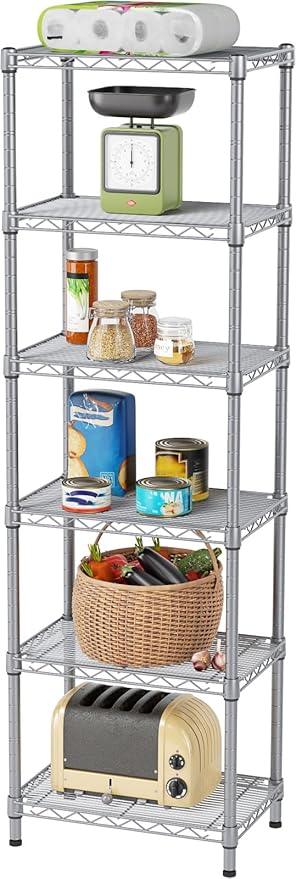 SINGAYE 6 Tier Shelf Wire Shelving Adjustable Storage Shelves Rack Standing Units for Kitchen Closet Laundry Bathroom Organizers Metal Pantry Narrow Mesh Gaps 10" D x 16" W x 60" H Gray - ModernBath