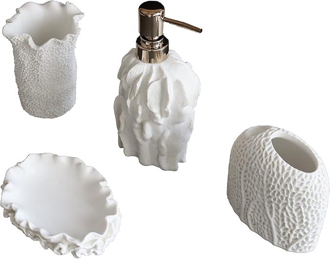 Hymmah Bathroom Accessories Set,Coral Seashell Design Toothbrush Holder,Farmhouse Bathroom Decor,4 Pcs Resin Gift Set Apartment Necessities, Contain Toothbrush Cup,Soap Dispenser,Soap Dish,Tumbler - ModernBath