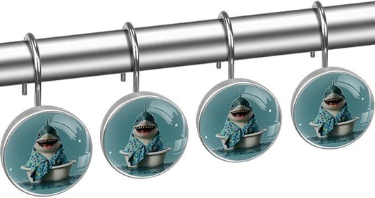 Bathing Cartoon Shark Shower Curtain Hooks Rings, Stainless Steel Rust Proof Shower Curtain Hooks, Decorative Shower Hooks for Bathroom Shower Rods Curtains, Set of 12 - ModernBath