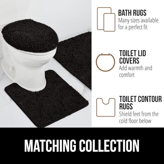 GORILLA GRIP Bathroom Rug Sets 3 Piece, Bath Mat Set and Oval Toilet Base with Rubber Backing, Plush Absorbent Shaggy Chenille Washable Mats, Includes 24x19.5, 24x17 and 30x20 Inch Rugs, Black - ModernBath