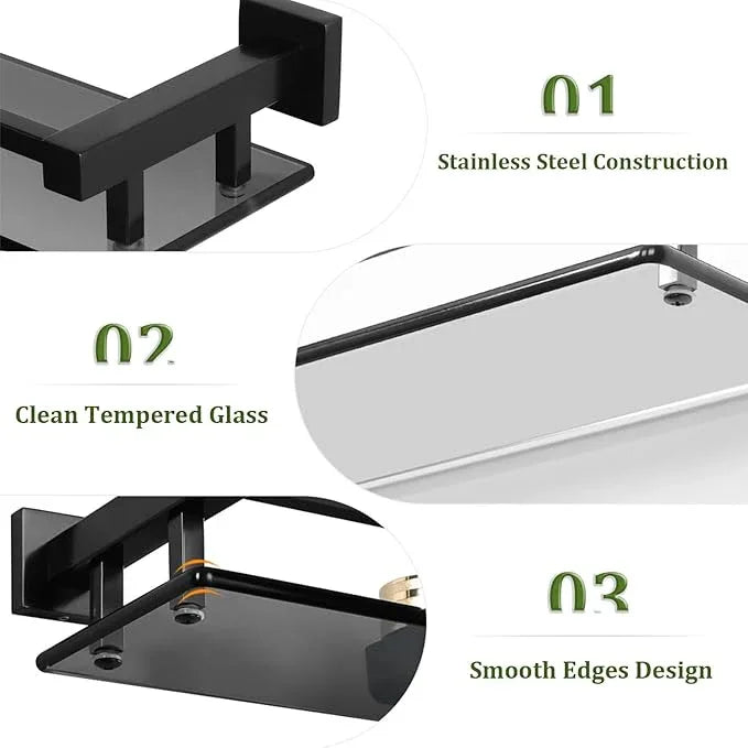 Alise Glass Shelves for Bathroom Wall, Tempered Glass Bathroom Shelf Wall Mounted, Modern Space Saving Floating Shelves 12 inch, Matte Black - ModernBath